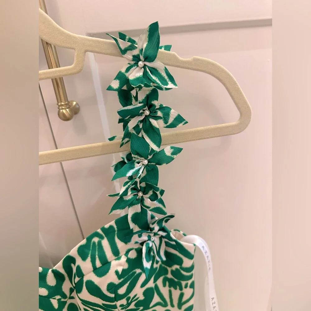 NWT 🌟 Azazie Maggy Green abstract Leaf Print Midi Dress - Picture 9 of 13